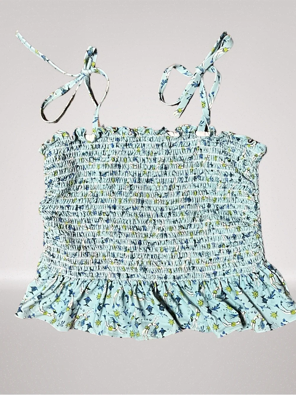 Girls Blue Smocked Ruffle 2 Piece Swimsuit Size 8/10 Tie Strap Swimwear